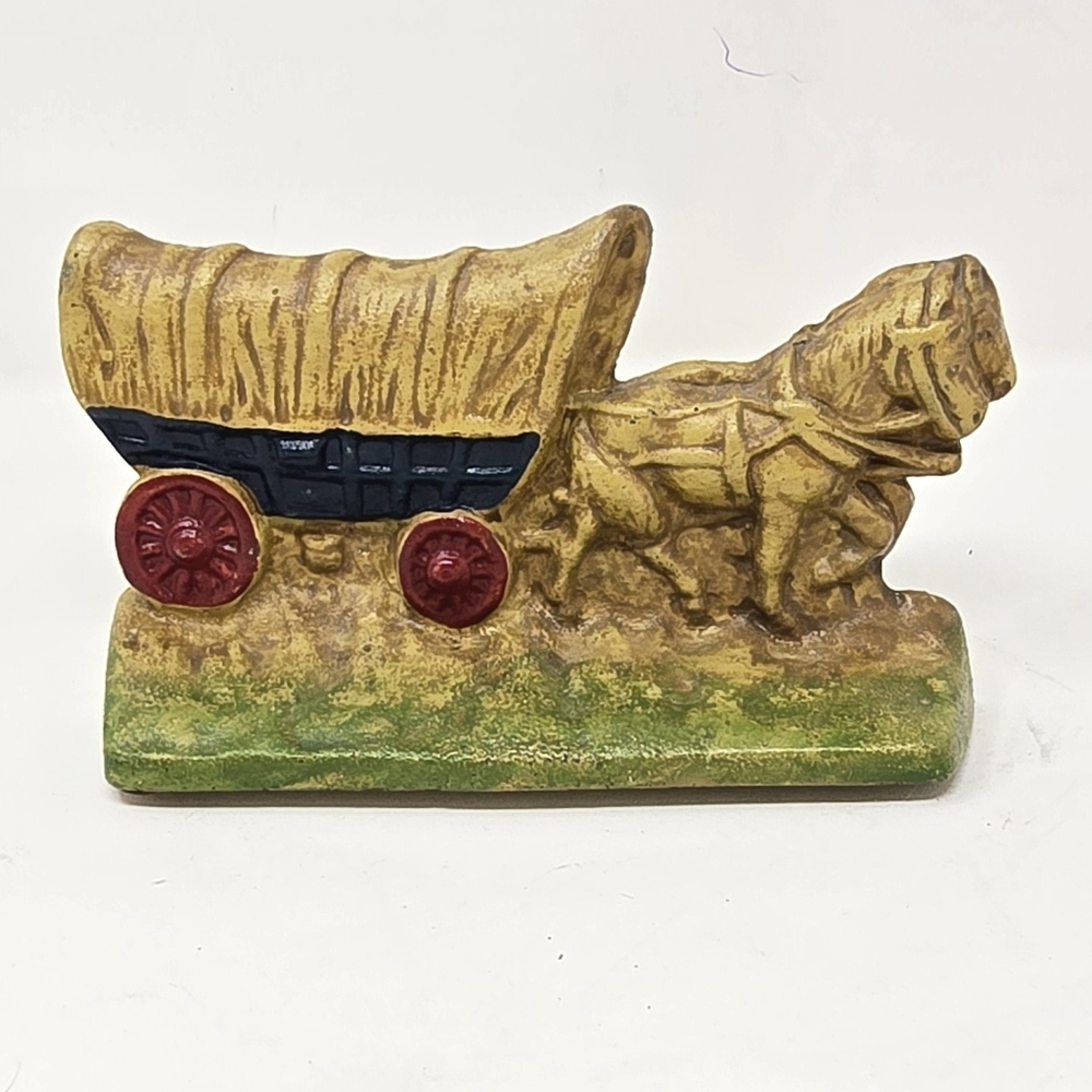 Vtg Cast Iron covered conestoga‎ wagon horse door stop bookend rustic farmhouse